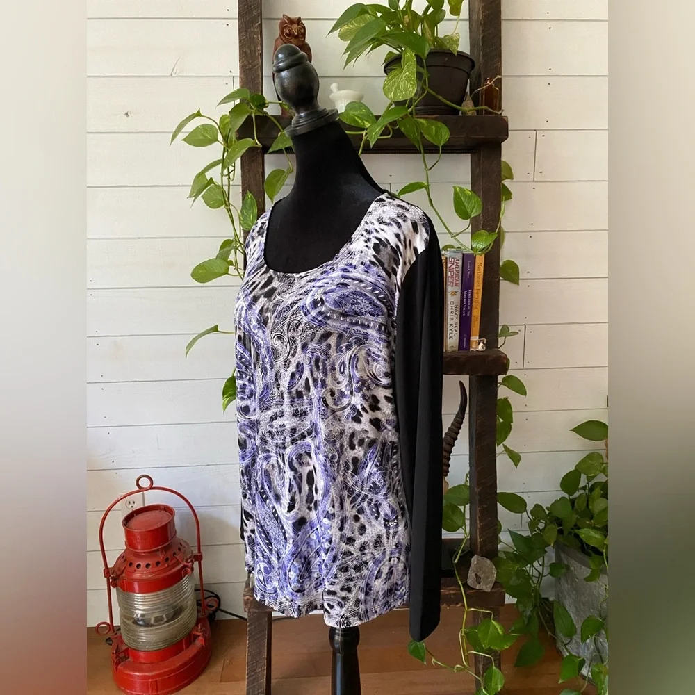 Chico’s: Black, White & Blue Paisley Pattern Blouse